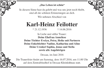 Traueranzeige von Karl-Heinz Feilotter von WVG - Wochenspiegel Dessau / Köthen