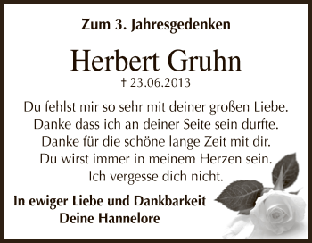 Traueranzeige von Herbert Gruhn von Super Sonntag Bernburg