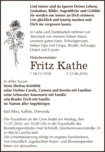 Traueranzeige von Fritz Kathe von WVG - Wochenspiegel NMB / WSF / ZTZ