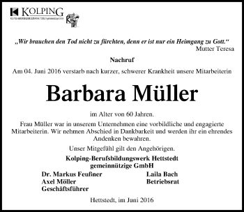 Traueranzeige von Barbara Müller von Mitteldeutsche Zeitung Mansfelder Land