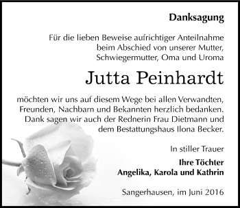 Traueranzeige von Jutta Peinhardt von Mitteldeutsche Zeitung Sangerhausen