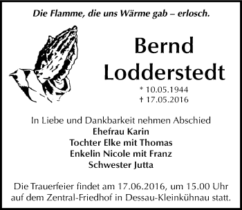 Traueranzeige von Bernd Lodderstedt von Mitteldeutsche Zeitung Dessau-Roßlau