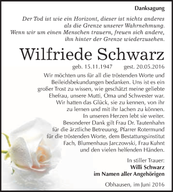 Traueranzeige von Wilfriede Schwarz von WVG - Wochenspiegel Merseburg