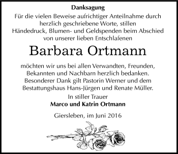 Traueranzeige von Barbara Ortmann von Mitteldeutsche Zeitung Aschersleben