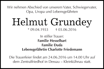 Traueranzeige von Helmut Grundey von WVG - Wochenspiegel Dessau / Köthen