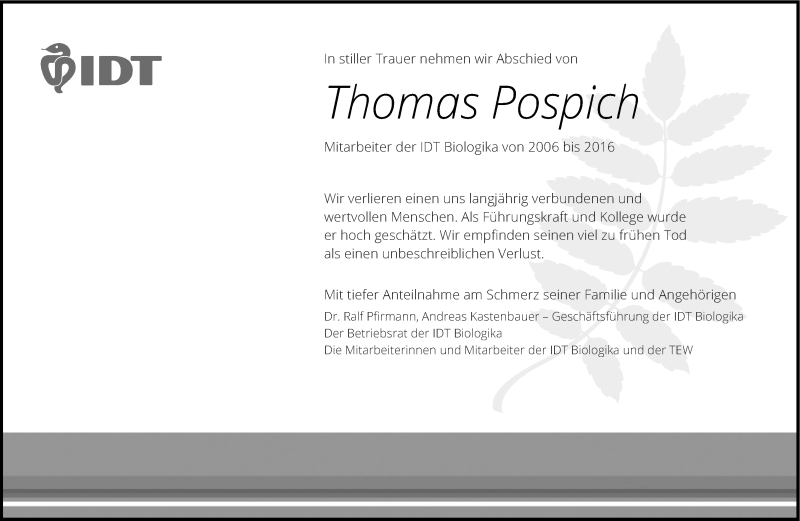  Traueranzeige für Thomas Pospich vom 11.06.2016 aus WVG - Wochenspiegel Dessau / Köthen