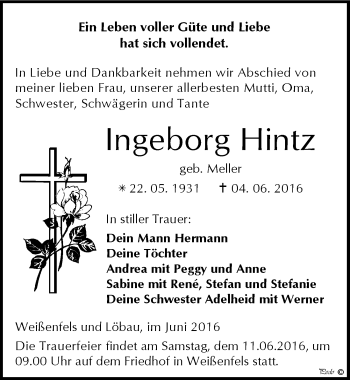Traueranzeige von Ingeborg Hintz von Mitteldeutsche Zeitung Weißenfels