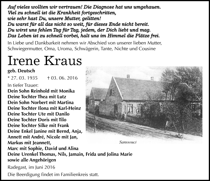  Traueranzeige für Irene Kraus vom 08.06.2016 aus Mitteldeutsche Zeitung Köthen