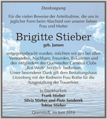 Traueranzeige von Brigitte Stieber von Super Sonntag SGH Mansf. Land