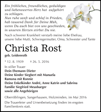 Traueranzeige von Christa Rost von Super Sonntag SGH Mansf. Land