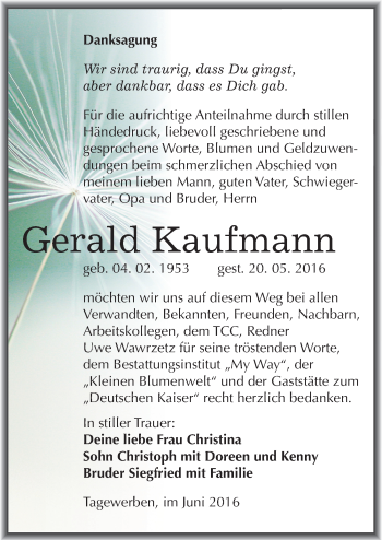 Traueranzeige von Gerald Kaufmann von Mitteldeutsche Zeitung Weißenfels
