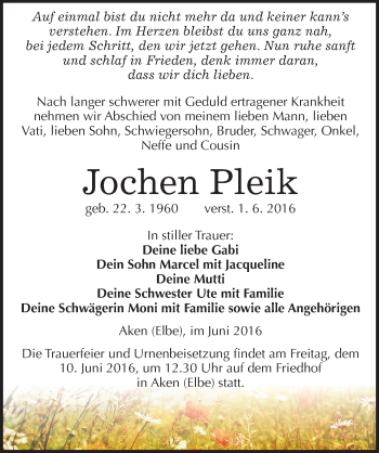 Traueranzeige von Jochen Pleik von Mitteldeutsche Zeitung Köthen