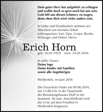 Traueranzeige von Erich Horn von Mitteldeutsche Zeitung Weißenfels
