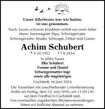 Traueranzeige von Achim Schubert von Mitteldeutsche Zeitung Aschersleben