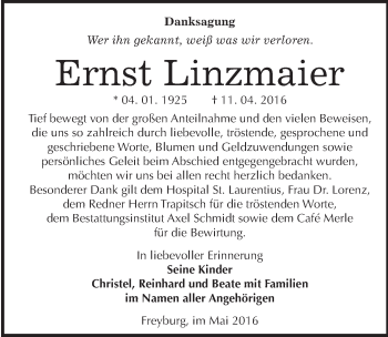 Traueranzeige von Ernst Linzmaier von Mitteldeutsche Zeitung Naumburg/Nebra