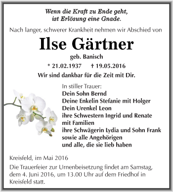 Traueranzeige von Ilse Gärtner von Wochenspiegel Mansfelder Land