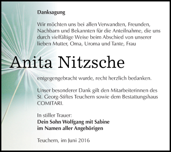 Traueranzeige von Anita Nitzsche von WVG - Wochenspiegel NMB / WSF / ZTZ