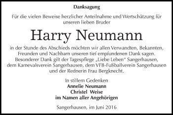 Traueranzeige von Harry Neumann von Super Sonntag SGH Mansf. Land