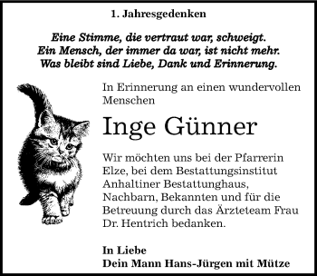 Traueranzeige von Inge Günner von Mitteldeutsche Zeitung Dessau-Roßlau