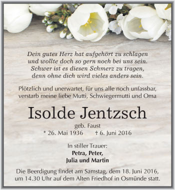 Traueranzeige von Isolde Jentzsch von Mitteldeutsche Zeitung