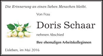 Traueranzeige von Doris Schaar von Mitteldeutsche Zeitung Mansfelder Land