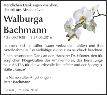 Traueranzeige von Walburga Bachmann von WVG - Wochenspiegel Dessau / Köthen
