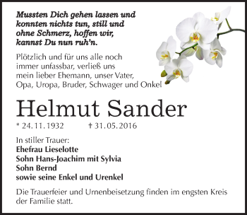 Traueranzeige von Helmut Sander von Mitteldeutsche Zeitung Dessau-Roßlau