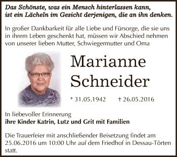 Traueranzeige von Marianne Schneider von WVG - Wochenspiegel Dessau / Köthen