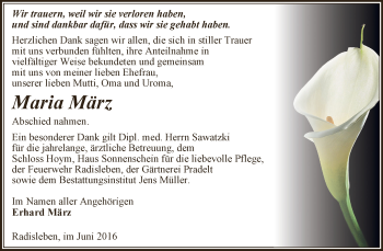 Traueranzeige von Maria März von Super Sonntag Aschersleben
