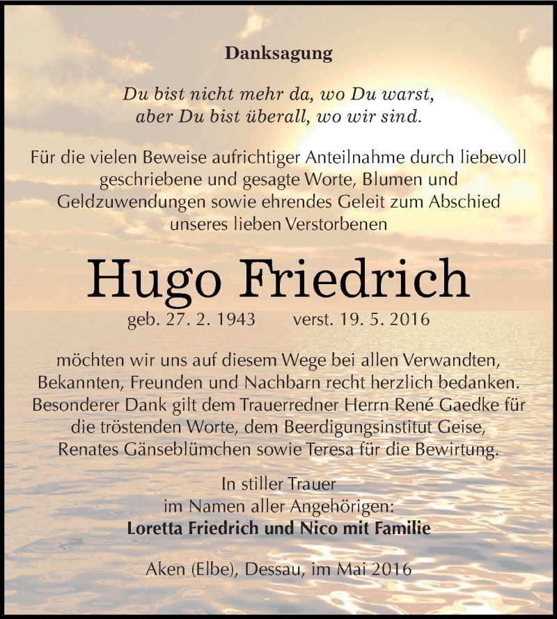  Traueranzeige für Hugo Friedrich vom 04.06.2016 aus WVG - Wochenspiegel Dessau / Köthen