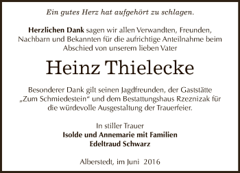 Traueranzeige von Heinz Thielecke von Wochenspiegel Mansfelder Land