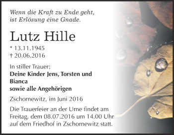 Traueranzeige von Lutz Hille von WVG - Wochenspiegel Wittenberg