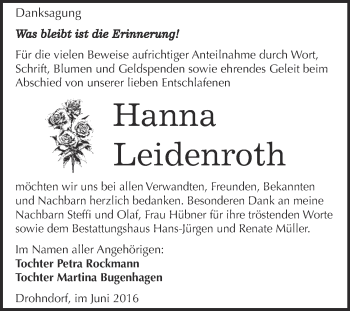 Traueranzeige von Hanna Leidenroth von Super Sonntag Aschersleben