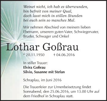 Traueranzeige von Lothar Goßrau von WVG - Wochenspiegel Merseburg