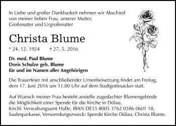 Traueranzeige von Christa Blume von Mitteldeutsche Zeitung Halle/Saalkreis