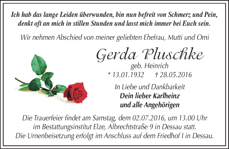  Traueranzeige für Gerda Pluschke vom 11.06.2016 aus Mitteldeutsche Zeitung Dessau-Roßlau