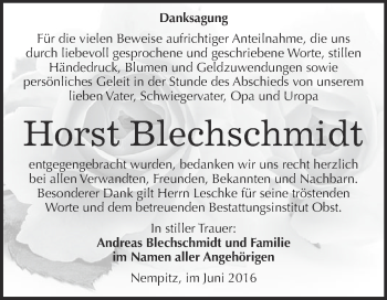 Traueranzeige von Horst Blechschmidt von Super Sonntag Merseburg