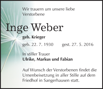 Traueranzeige von Inge Weber von Mitteldeutsche Zeitung Sangerhausen