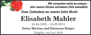 Traueranzeige von Elisabeth Mahler von Super Sonntag Zeitz