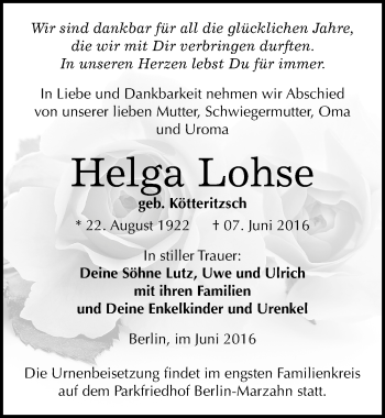 Traueranzeige von Helga Lohse von Mitteldeutsche Zeitung Naumburg/Nebra