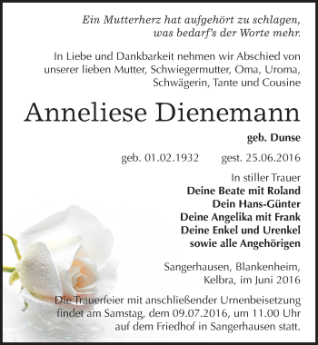 Traueranzeige von Anneliese Dienemann von Mitteldeutsche Zeitung Sangerhausen