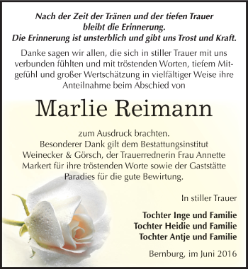 Traueranzeige von Marlie Reimann von Mitteldeutsche Zeitung Bernburg
