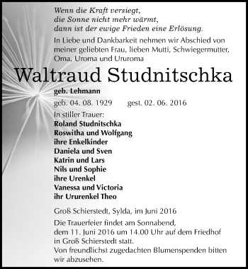 Traueranzeige von Waltraud Studnitschka von Mitteldeutsche Zeitung Aschersleben
