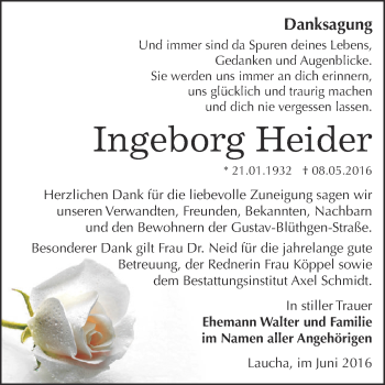 Traueranzeige von Ingeborg Heider von WVG - Wochenspiegel NMB / WSF / ZTZ