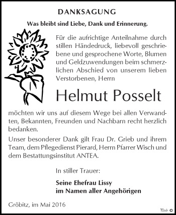 Traueranzeige von Helmut Posselt von WVG - Wochenspiegel NMB / WSF / ZTZ