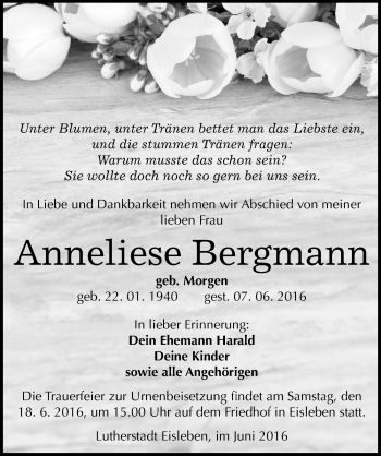 Traueranzeige von Anneliese Bergmann von Mitteldeutsche Zeitung Mansfelder Land