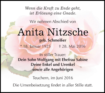 Traueranzeige von Anita Nitzsche von WVG - Wochenspiegel NMB / WSF / ZTZ