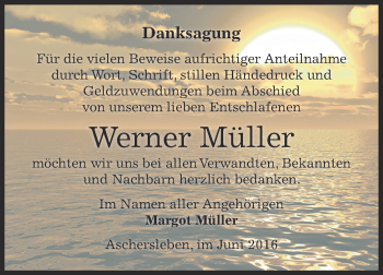 Traueranzeige von Werner Müller von Super Sonntag Aschersleben