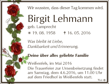 Traueranzeige von Birgit Lehmann von WVG - Wochenspiegel NMB / WSF / ZTZ
