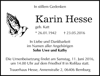 Traueranzeige von Karin Hesse von Mitteldeutsche Zeitung Köthen